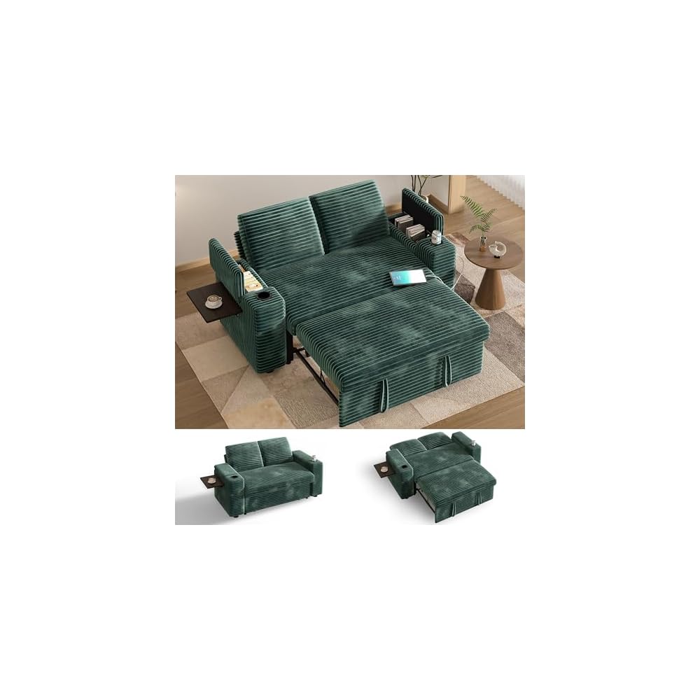 Vipbear 65" Loveseat Sleeper Sofa with Pull Out Bed, Plush Corduroy 3-in-1 Convertible Sofa Bed with Reclining Backrest|USB Ports|Cup Holders|Side Table|Storage Armrests, Tool Free Assembly, Green