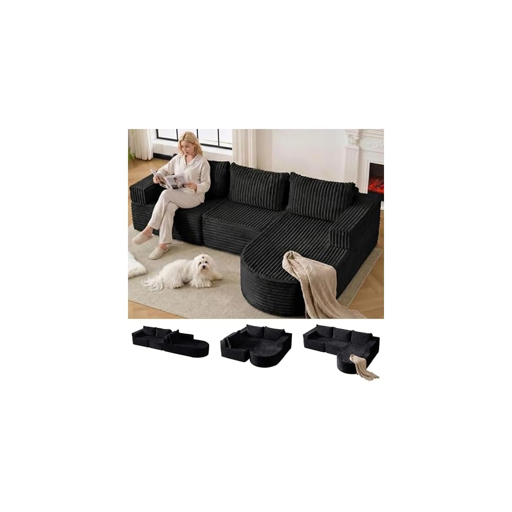 Boneless Couches for Living Room, L-Shaped Modular Sectional Sofa with Chaise, Modern Corduroy Cloud Couch with Deep Seat, Comfy Sponge Compression Convertible Sofas(Black)