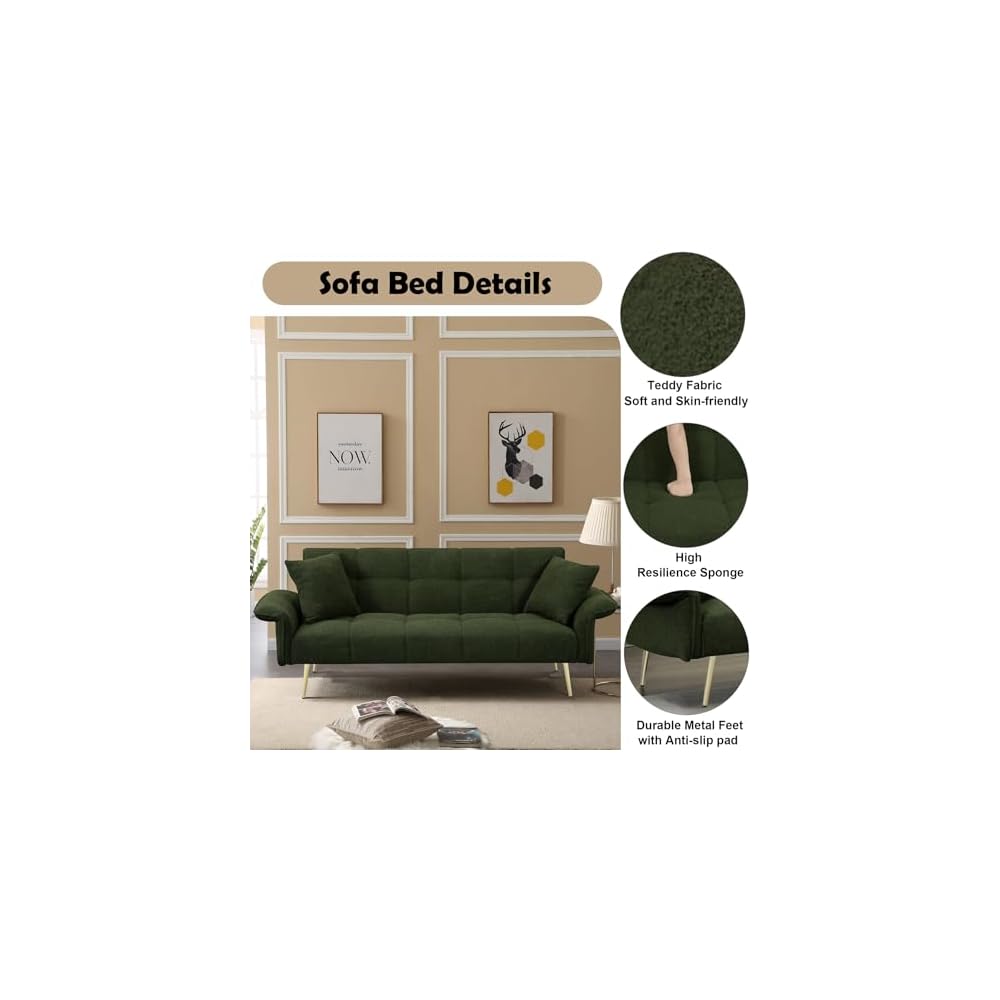 HRVEOCEI 70" Modern Teddy Convertible Folding Futon Couch Sofa Bed with Adjustable Backres & Arm, Memory Foam Loveseat Sofa for Compact Living Space, Dorm, Game Studio, Apartment, Bedroom (Green)