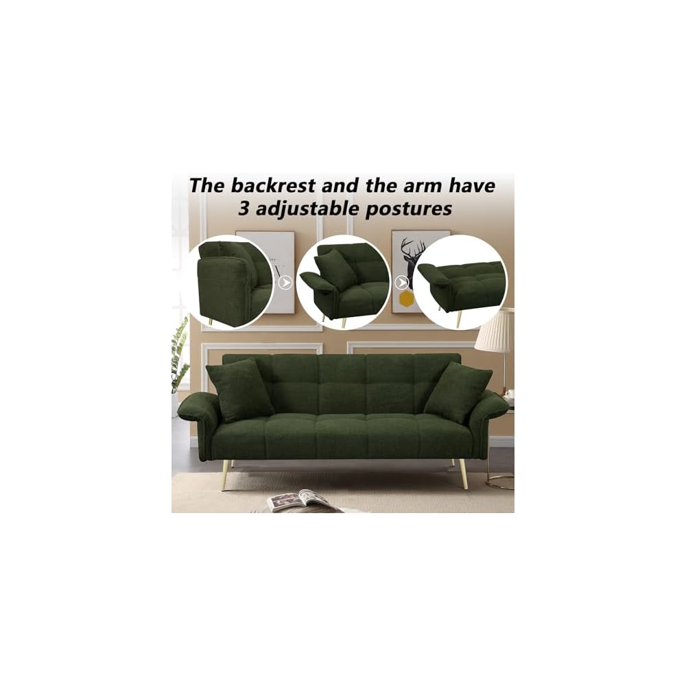 HRVEOCEI 70" Modern Teddy Convertible Folding Futon Couch Sofa Bed with Adjustable Backres & Arm, Memory Foam Loveseat Sofa for Compact Living Space, Dorm, Game Studio, Apartment, Bedroom (Green)