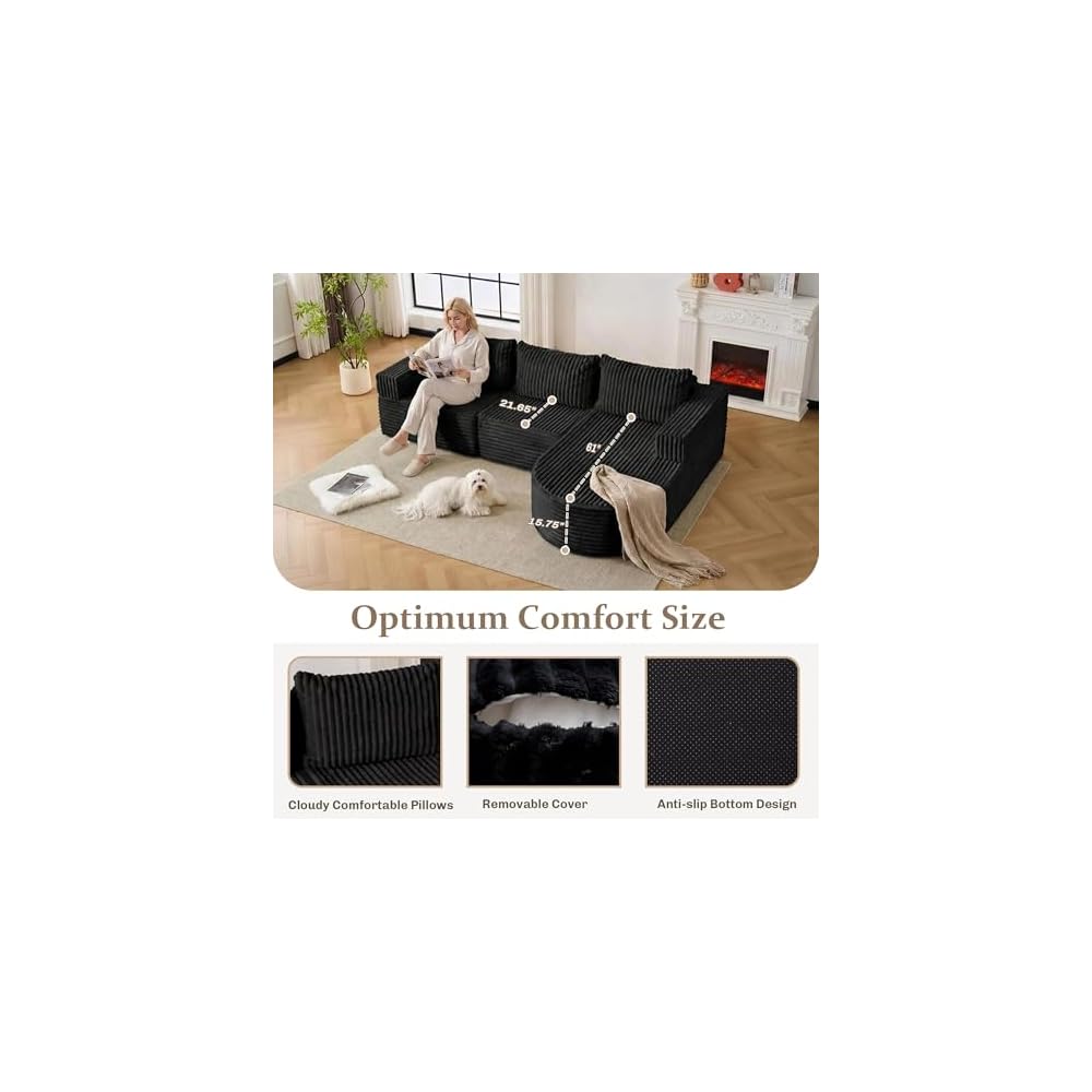 Boneless Couches for Living Room, L-Shaped Modular Sectional Sofa with Chaise, Modern Corduroy Cloud Couch with Deep Seat, Comfy Sponge Compression Convertible Sofas(Black)
