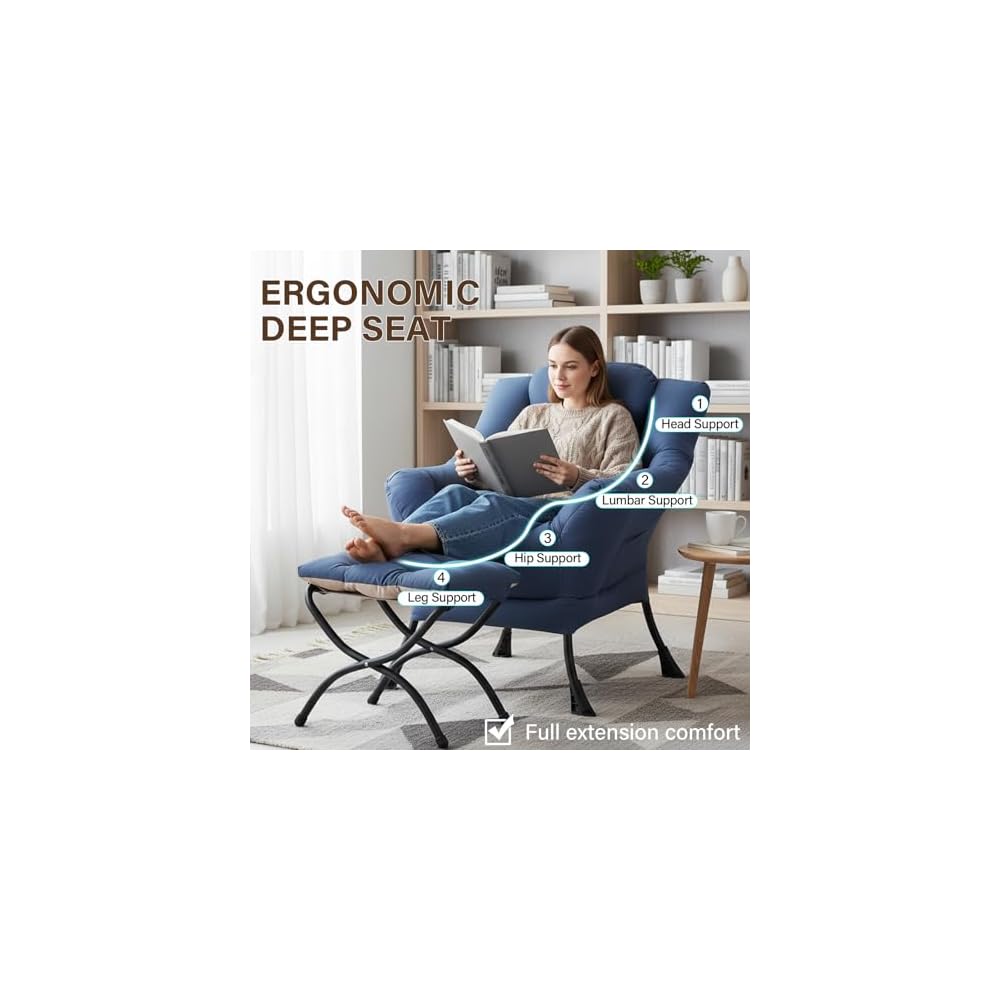 Welnow Lazy Chair with Ottoman, Reading Chair with Footrest,Royal Blue