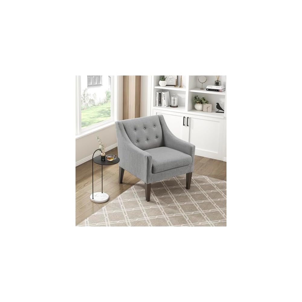 Lexicon Living Room Accent Chair, Textured Fabric Upholstered Arm Chair with Button Tufted Back, Sloped Arms and Wooden Legs, Green