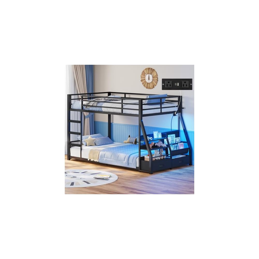 ADORNEVE Low Bunk Bed with Sling Bookshelves, Storage Drawers, Black