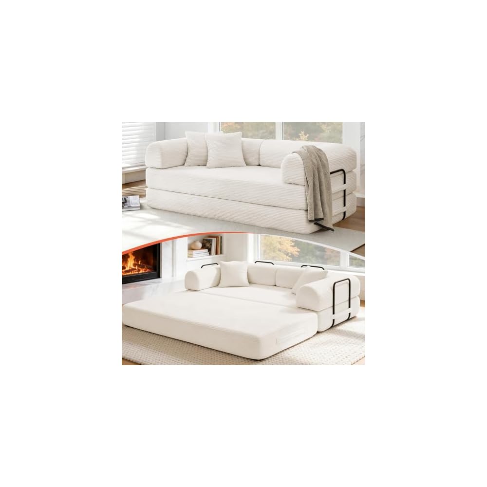79'' Convertible Sofa Bed, Boneless Couch-in-a-Box, Corduroy Floor Futon Loveseat Sleeper, 26'' Deep Seat, Removable Machine-Wash Covers, Side Pockets, No Assembly, 2 Pillows, Warm Ivory