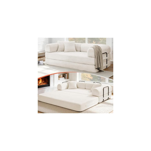 79'' Convertible Sofa Bed, Boneless Couch-in-a-Box, Corduroy Floor Futon Loveseat Sleeper, 26'' Deep Seat, Removable Machine-Wash Covers, Side Pockets, No Assembly, 2 Pillows, Warm Ivory