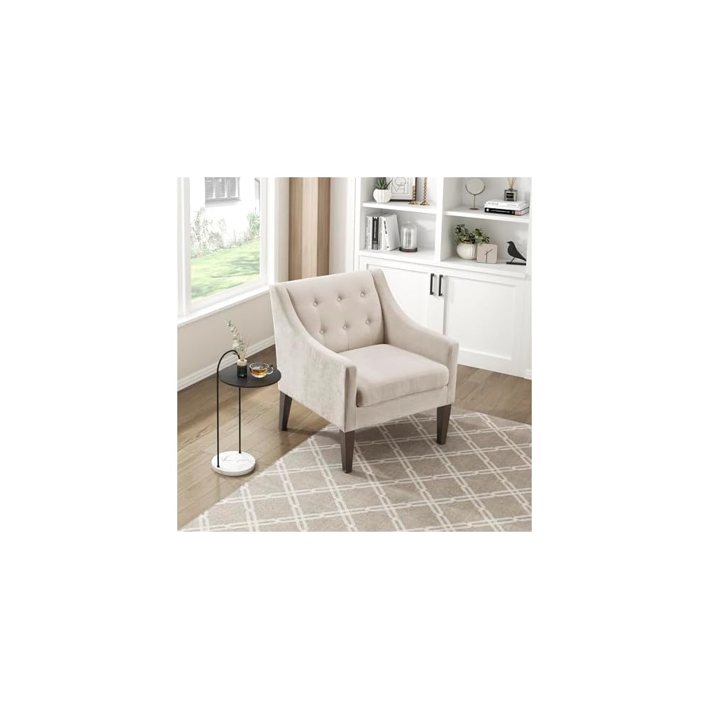 Lexicon Living Room Accent Chair, Textured Fabric Upholstered Arm Chair with Button Tufted Back, Sloped Arms and Wooden Legs, Green