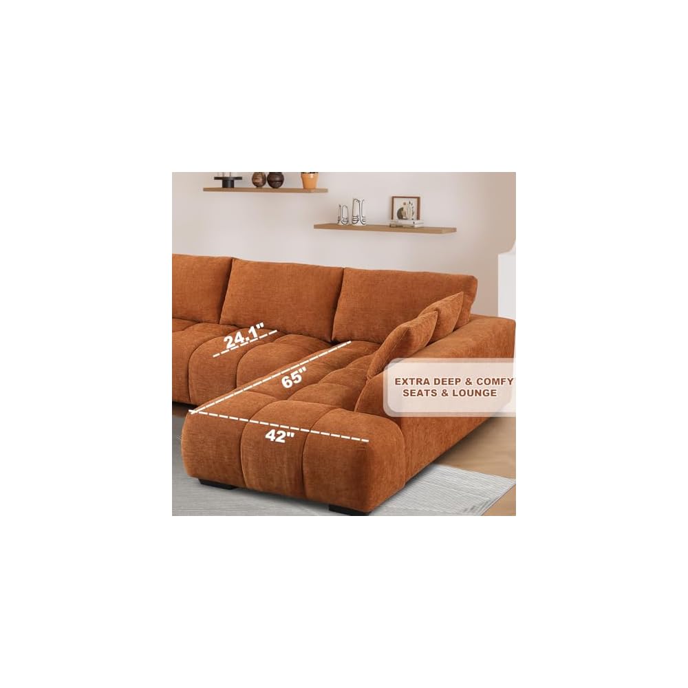Modern L Shaped Couch for Living Room 118" Curved Sofa Sectional Couch with Right Facing Chaise Extra Large Cloud Sofas Chenille Plush Fluffy Couches with Deep Seats & Wider Arms (Orange)