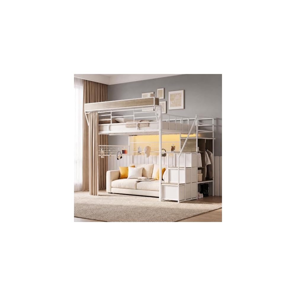 Full Loft Bed with Stairs, Storage, Headboard and LED Light (White)