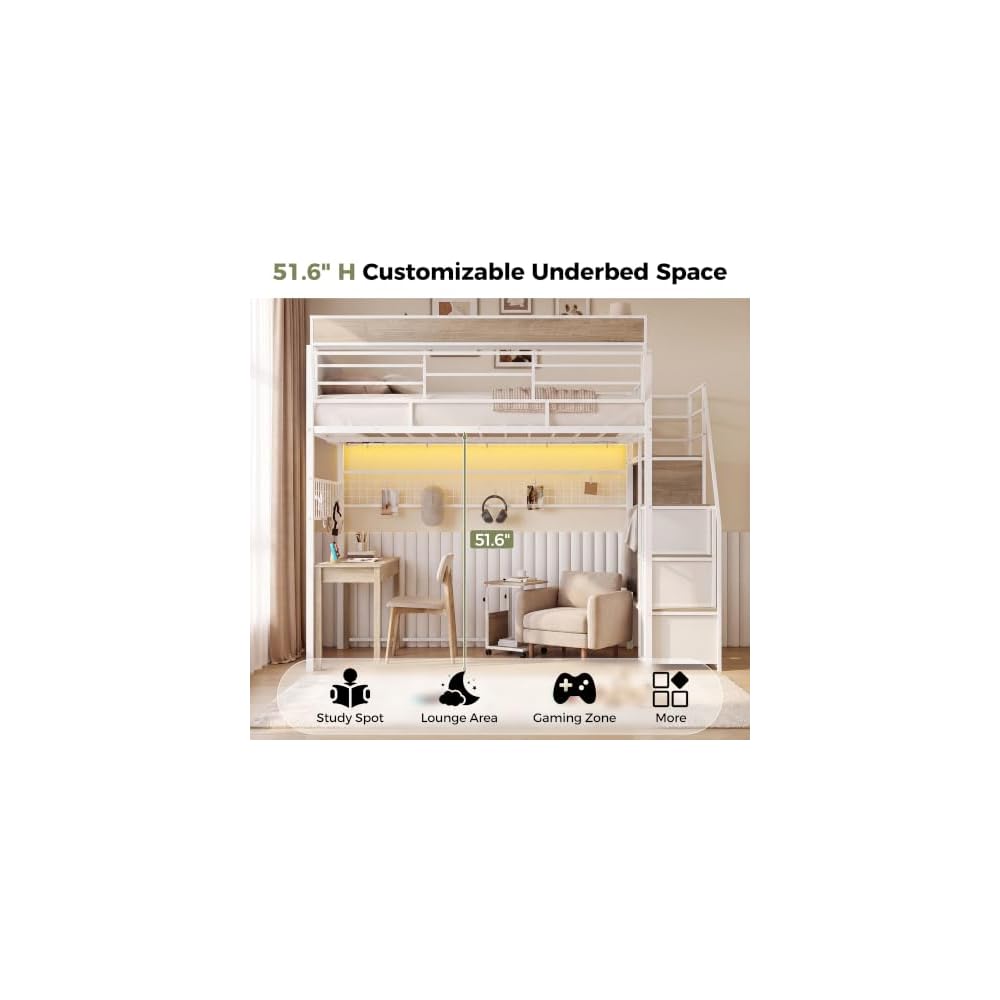 Full Loft Bed with Stairs, Storage, Headboard and LED Light (White)