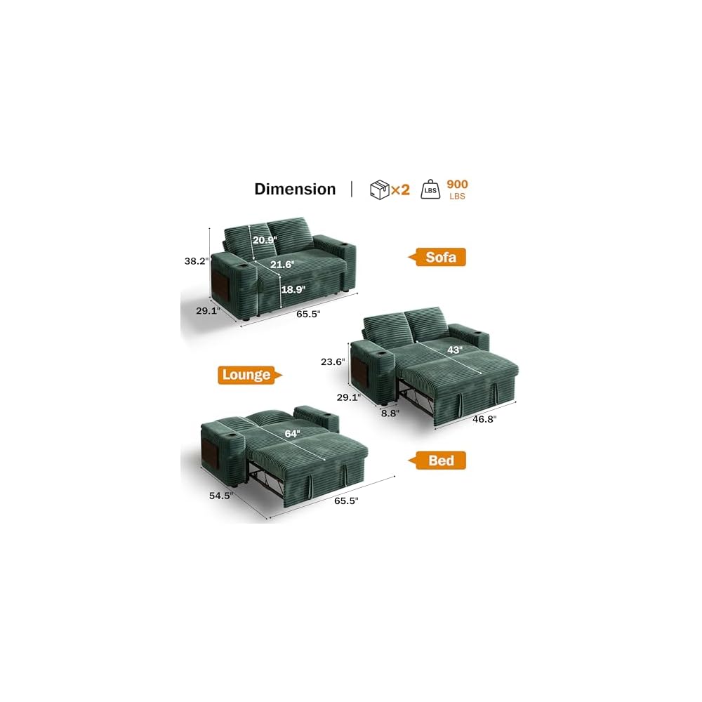Vipbear 65" Loveseat Sleeper Sofa with Pull Out Bed, Plush Corduroy 3-in-1 Convertible Sofa Bed with Reclining Backrest|USB Ports|Cup Holders|Side Table|Storage Armrests, Tool Free Assembly, Green