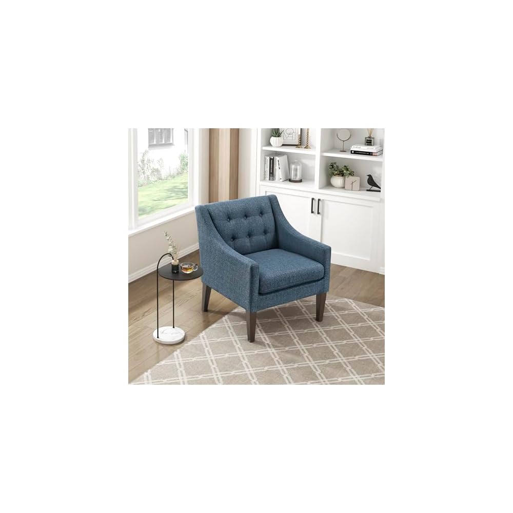 Lexicon Living Room Accent Chair, Textured Fabric Upholstered Arm Chair with Button Tufted Back, Sloped Arms and Wooden Legs, Green