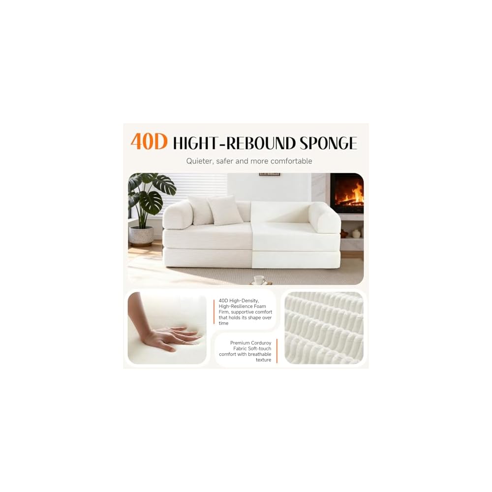 79'' Convertible Sofa Bed, Boneless Couch-in-a-Box, Corduroy Floor Futon Loveseat Sleeper, 26'' Deep Seat, Removable Machine-Wash Covers, Side Pockets, No Assembly, 2 Pillows, Warm Ivory
