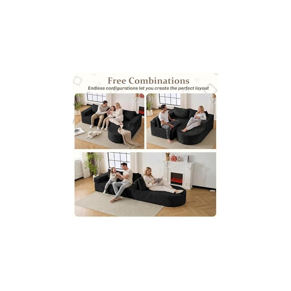 Boneless Couches for Living Room, L-Shaped Modular Sectional Sofa with Chaise, Modern Corduroy Cloud Couch with Deep Seat, Comfy Sponge Compression Convertible Sofas(Black)