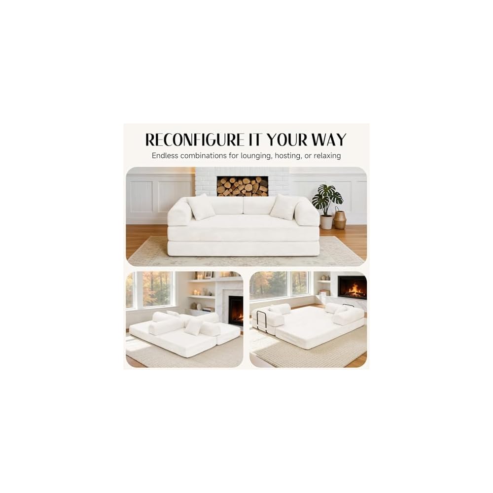 79'' Convertible Sofa Bed, Boneless Couch-in-a-Box, Corduroy Floor Futon Loveseat Sleeper, 26'' Deep Seat, Removable Machine-Wash Covers, Side Pockets, No Assembly, 2 Pillows, Warm Ivory