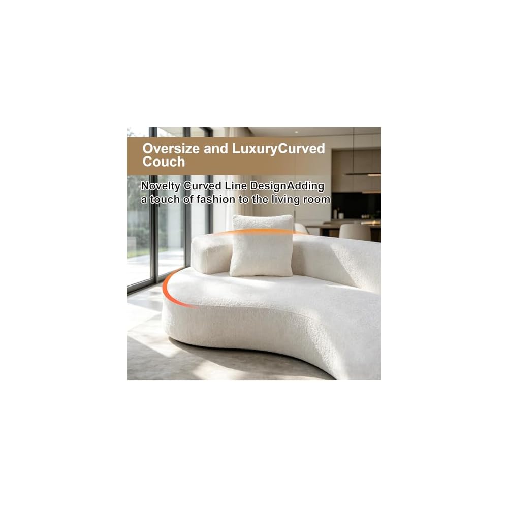Boucle Curved Sofa 79.5" with 2 Pillows, 3-Seater White Couch