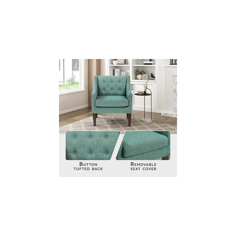 Lexicon Living Room Accent Chair, Textured Fabric Upholstered Arm Chair with Button Tufted Back, Sloped Arms and Wooden Legs, Green