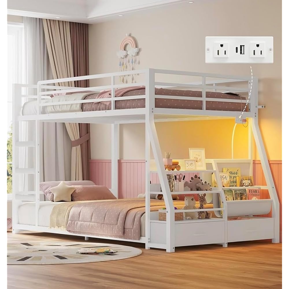 ADORNEVE Low Bunk Bed with Sling Bookshelves, Storage Drawers, Black