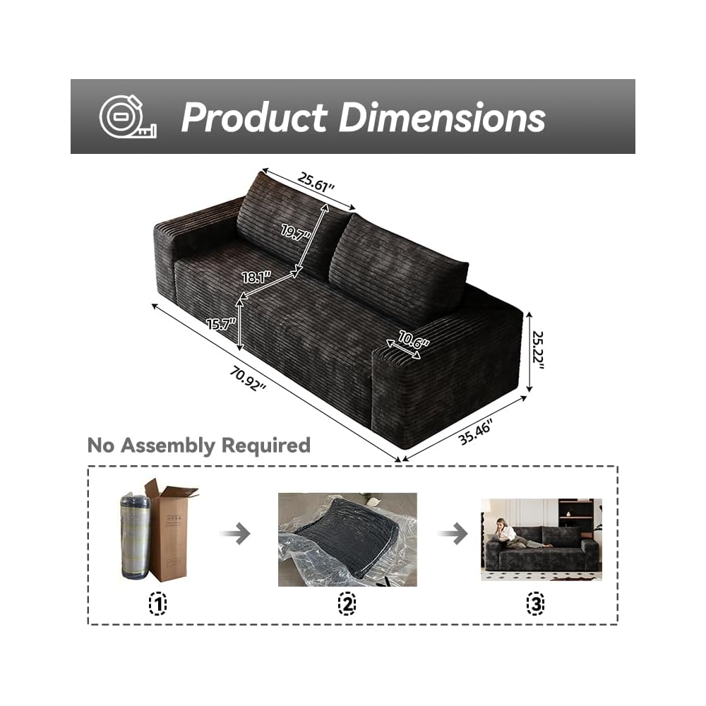 Cloud Loveseat Sofa, 71" Boneless Couch with Deep Seat, No Assembly Required, Comfy Corduroy Small Sofa for Living Room, Bedroom, Apartment (Black)