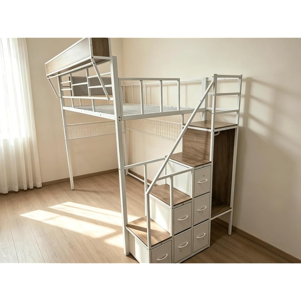 Full Loft Bed with Stairs, Storage, Headboard and LED Light (White)