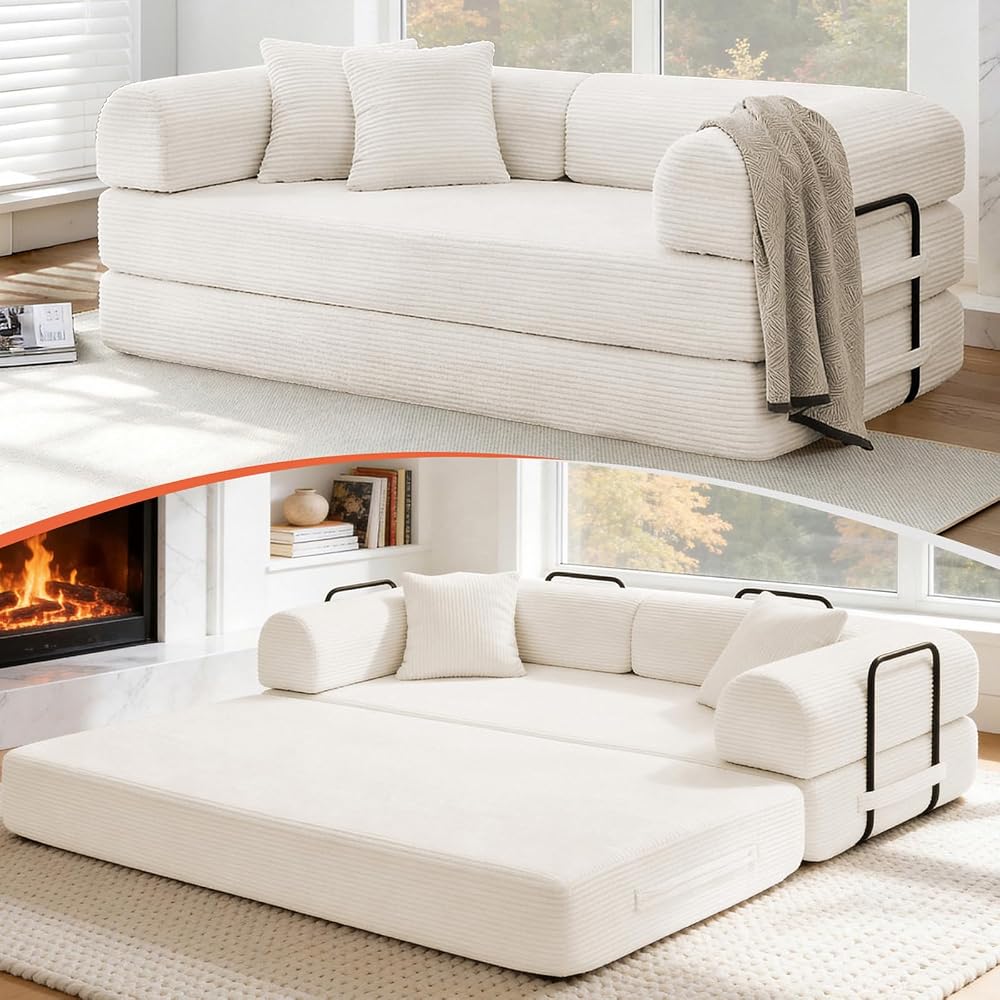 79'' Convertible Sofa Bed, Boneless Couch-in-a-Box, Corduroy Floor Futon Loveseat Sleeper, 26'' Deep Seat, Removable Machine-Wash Covers, Side Pockets, No Assembly, 2 Pillows, Warm Ivory