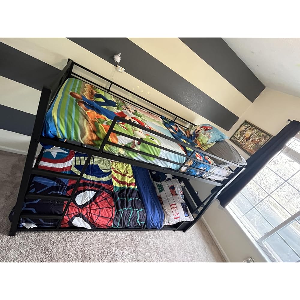 ADORNEVE Low Bunk Bed with Sling Bookshelves, Storage Drawers, Black
