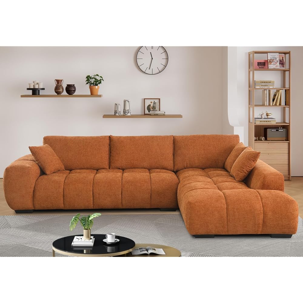 Modern L Shaped Couch for Living Room 118" Curved Sofa Sectional Couch with Right Facing Chaise Extra Large Cloud Sofas Chenille Plush Fluffy Couches with Deep Seats & Wider Arms (Orange)