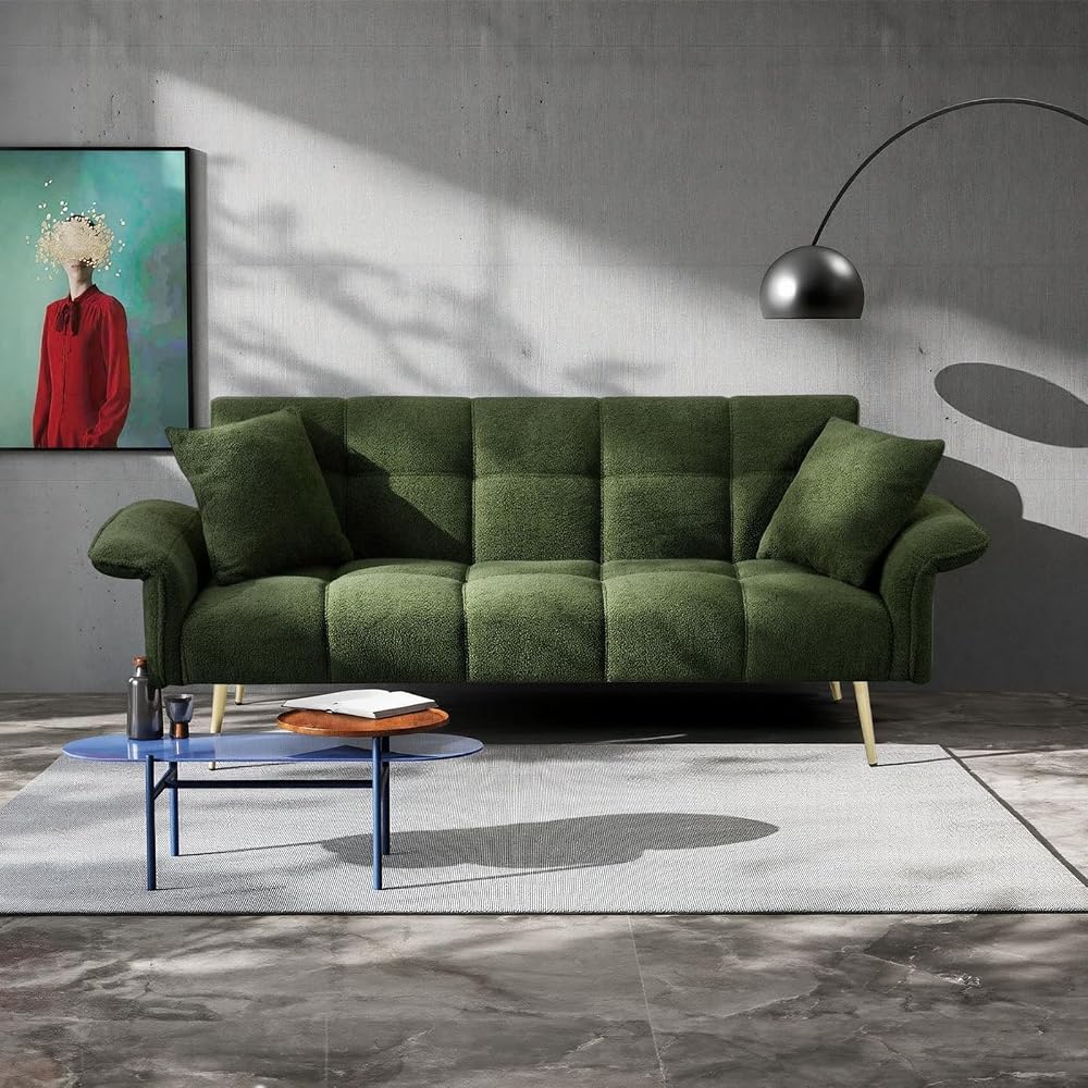 70" Futon Sofa Bed,Teddy Fleece Fabric Couch Bed (Dark Green)