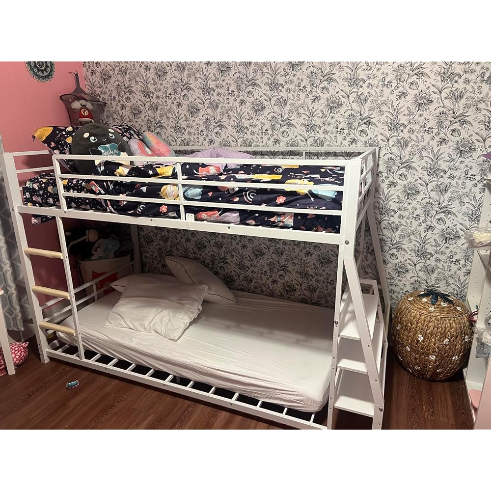 ADORNEVE Low Bunk Bed with Sling Bookshelves, Storage Drawers, Black