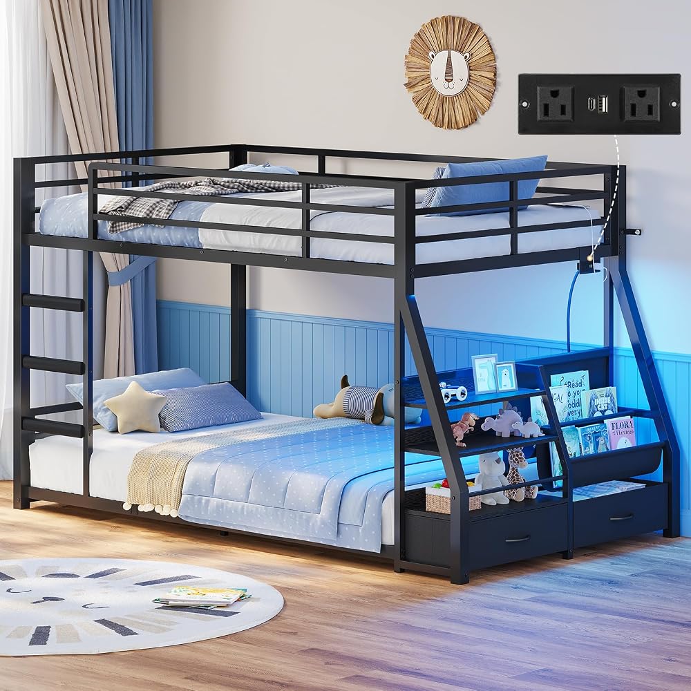 ADORNEVE Low Bunk Bed with Sling Bookshelves, Storage Drawers, Black