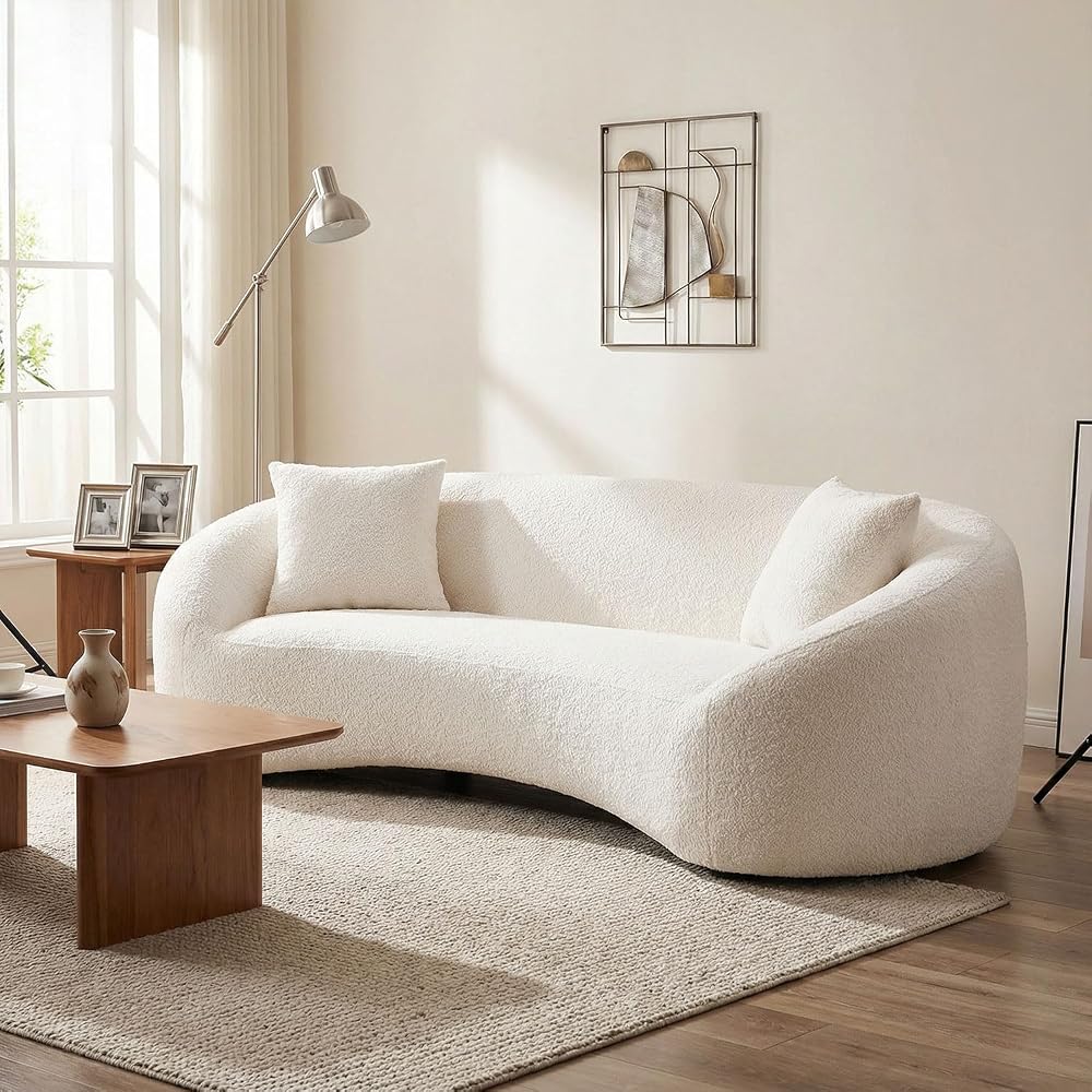 93.31 Inch White Curved Boucle Sofa, 3-Seater Solid Wood Frame
