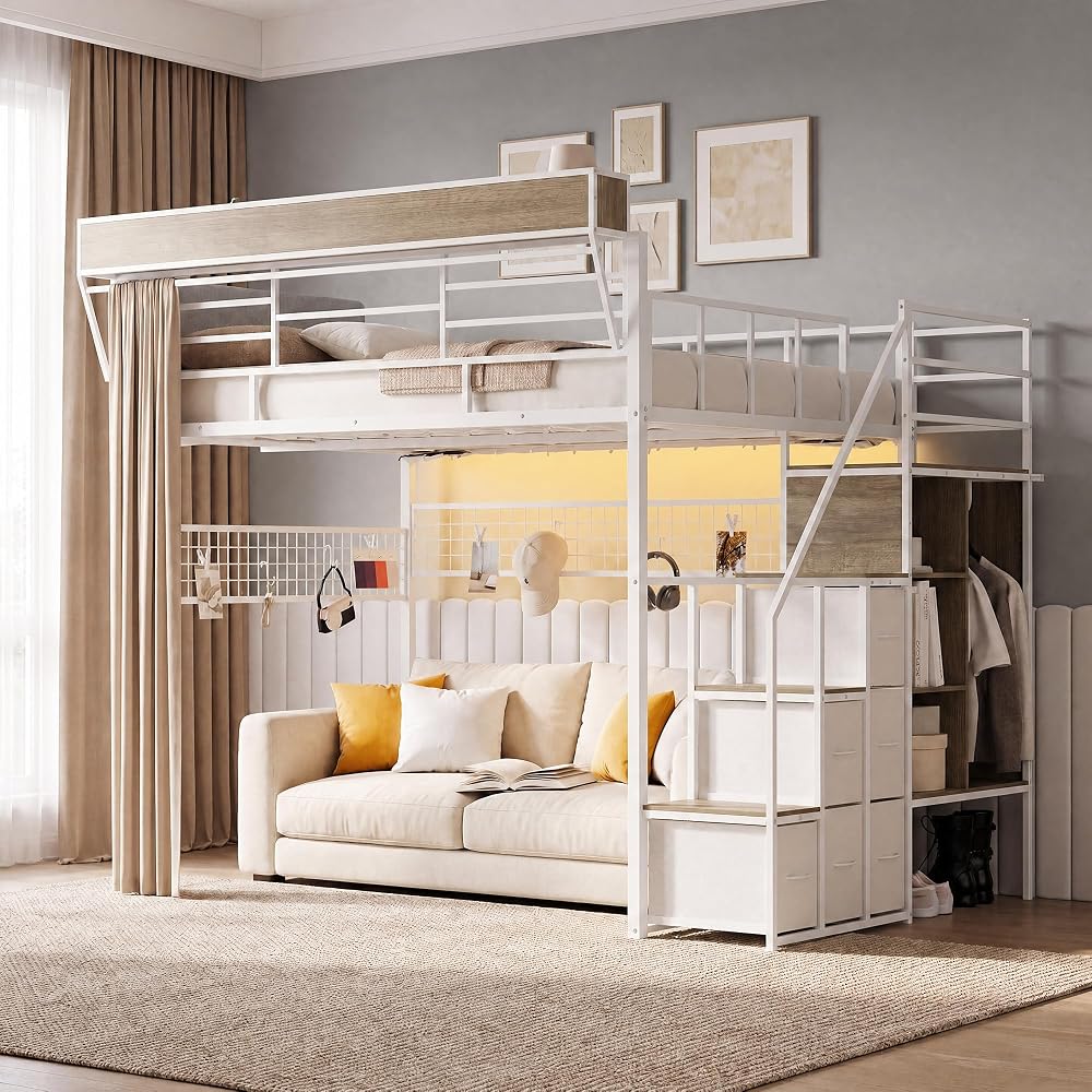 Full Loft Bed with Stairs, Storage, Headboard and LED Light (White)