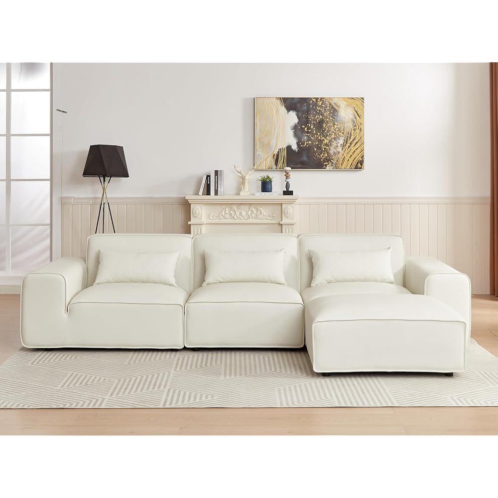 134" Oversized Minimalist-Modern Modular Sectional Sofa, Low Profile Feather Deep Seats Upholstered in Imitation Leather, White