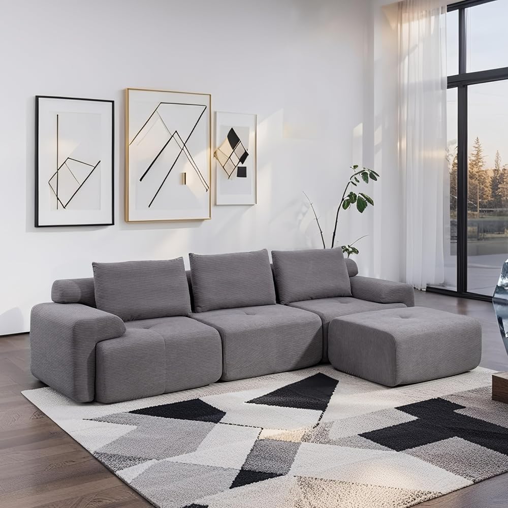 Fefances 120" Modern L-Shaped Modular Sectional Sofa, No Assembly Modular Boneless Couch Oversized 3-Seater Cloud Couch with Deep Seat and Movable Ottoman for Living Room-Corduroy Upholstery Grey