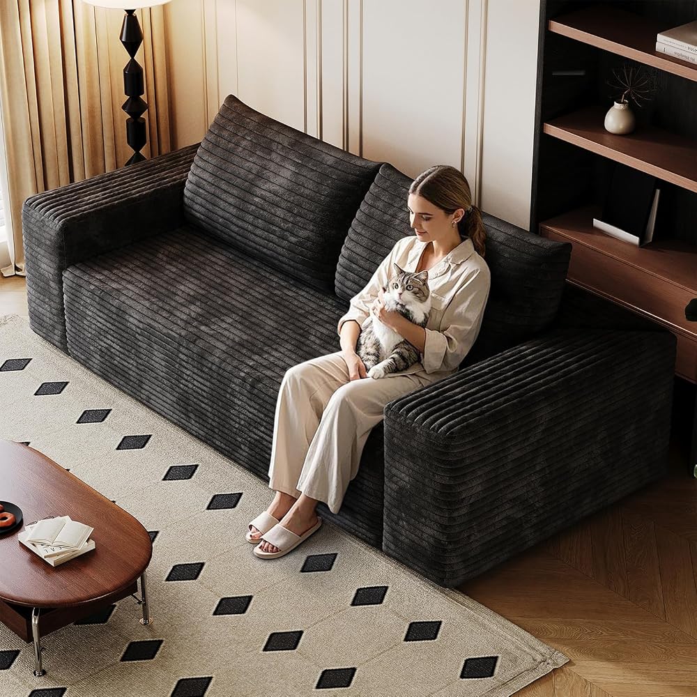 Cloud Loveseat Sofa, 71" Boneless Couch with Deep Seat, No Assembly Required, Comfy Corduroy Small Sofa for Living Room, Bedroom, Apartment (Black)
