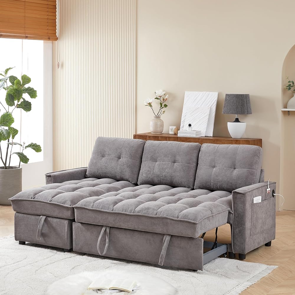 KEIKI 71.3" Convertible Sectional Sofa Bed, Pull Out Couch with Storage Chaise, USB & Type-C Ports, Chenille L Shaped Sleeper Sofa for Movie Nights, Family Room, Living Room Furniture