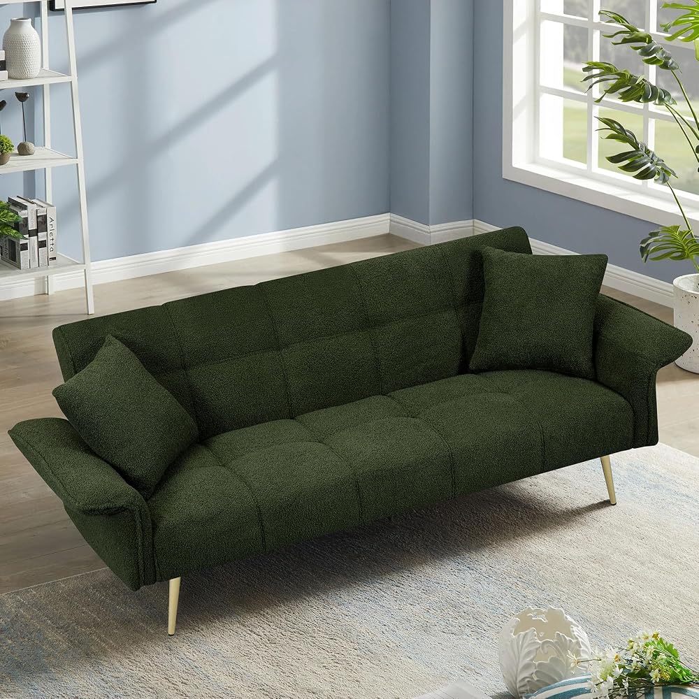 HRVEOCEI 70" Modern Teddy Convertible Folding Futon Couch Sofa Bed with Adjustable Backres & Arm, Memory Foam Loveseat Sofa for Compact Living Space, Dorm, Game Studio, Apartment, Bedroom (Green)