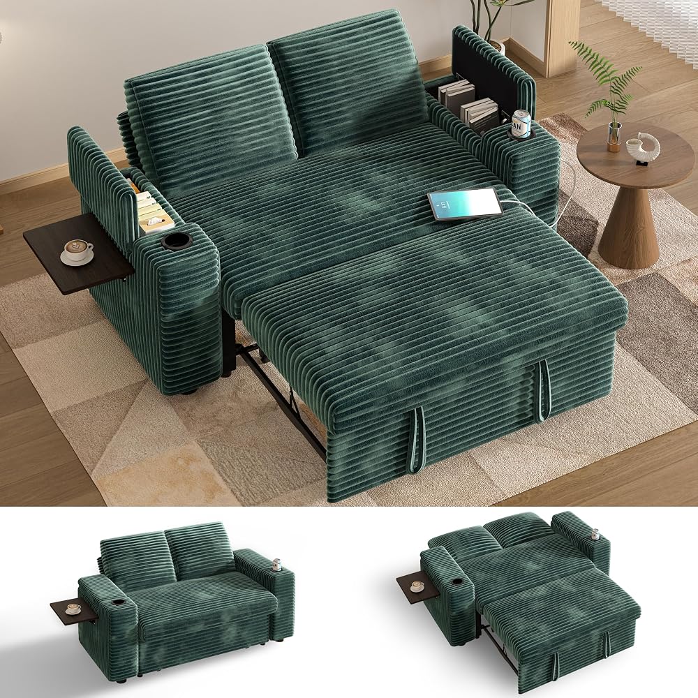 Vipbear 65" Loveseat Sleeper Sofa with Pull Out Bed, Plush Corduroy 3-in-1 Convertible Sofa Bed with Reclining Backrest|USB Ports|Cup Holders|Side Table|Storage Armrests, Tool Free Assembly, Green