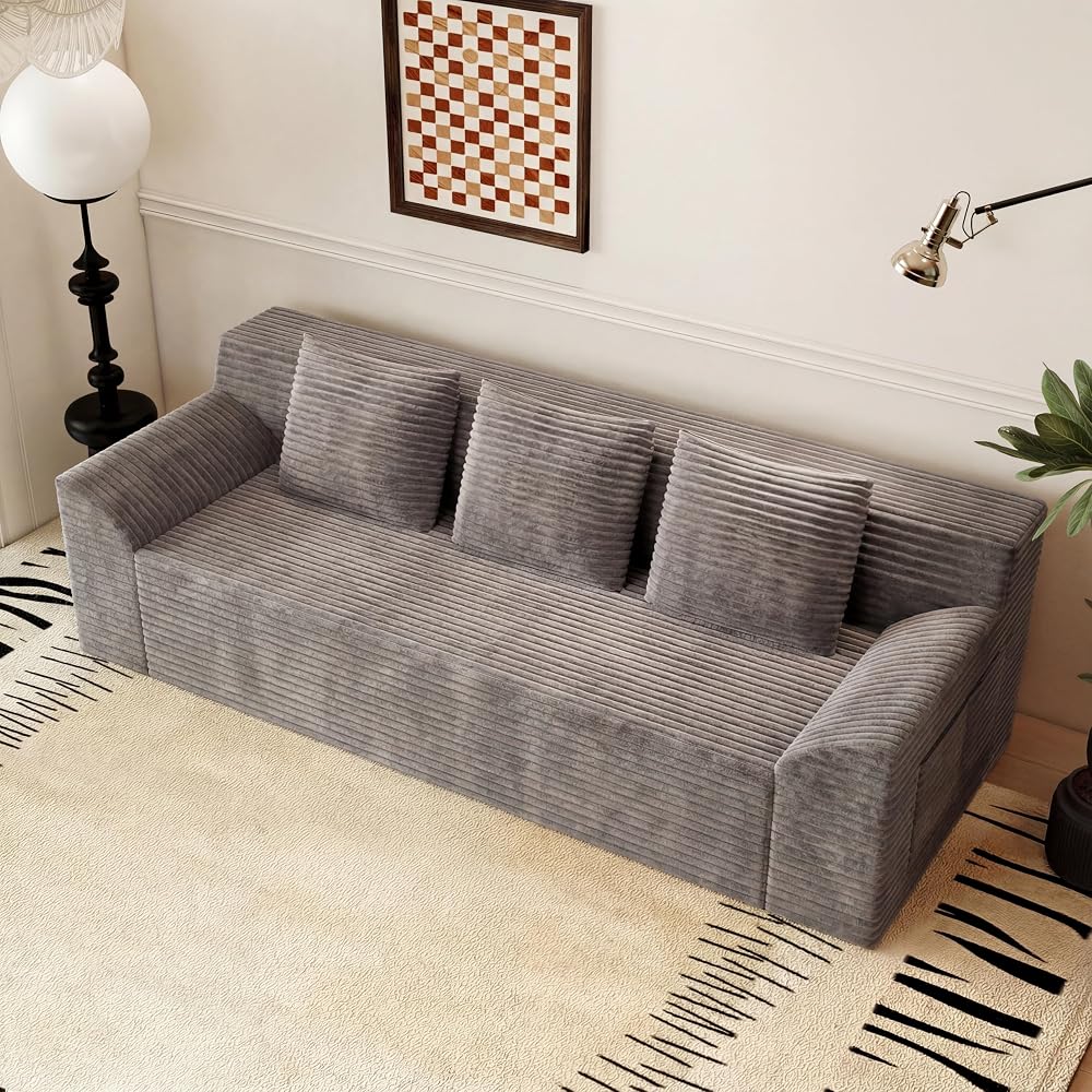 71" Cloud Boneless Loveseat Sofa Couch, Bean Bag 3-Seater Couch with Memory Foam, Corduroy Comfy Floor Sofa Deep Seat for Living Room, Bedroom, Apartment, No Assembly (Camel)